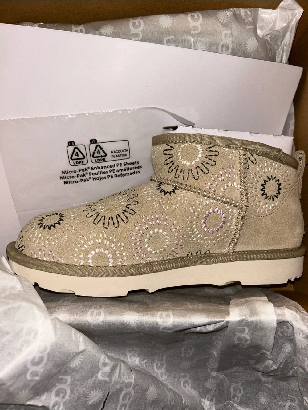 UGG Kids Sand Suede Short Boot with Sunburst Embroidery